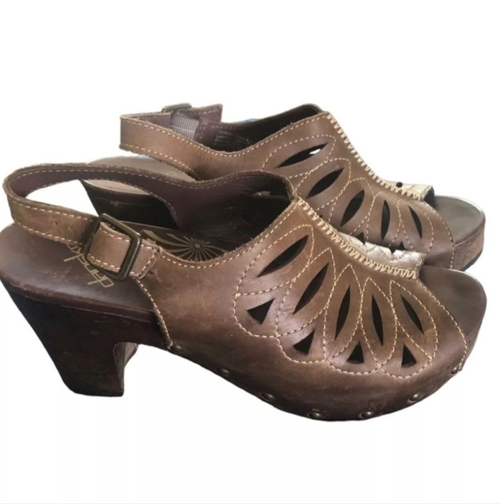 Dansko Leather Wedge Slingback Heels Peep Toe Boho Mule Sandals Brown Size EU39